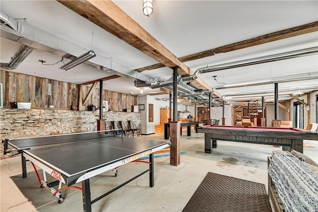 rec room featuring pool table, concrete flooring, and a garage