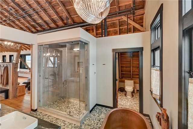 full bathroom with baseboards, a chandelier, toilet, a stall shower, and a high ceiling