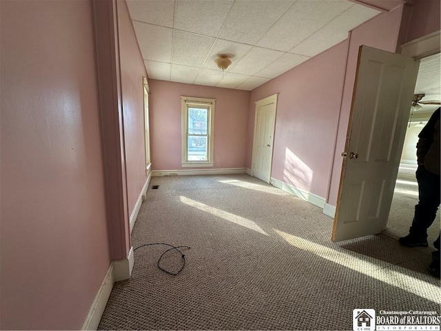 carpeted empty room featuring a drop ceiling