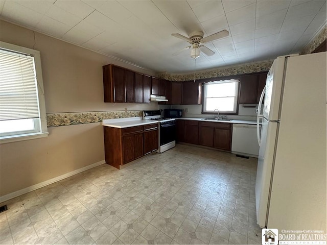 kitchen with dark brown cabinetry, sink, white appliances, and ceiling fan