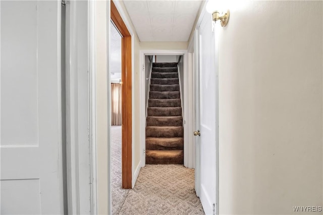 hallway with light colored carpet