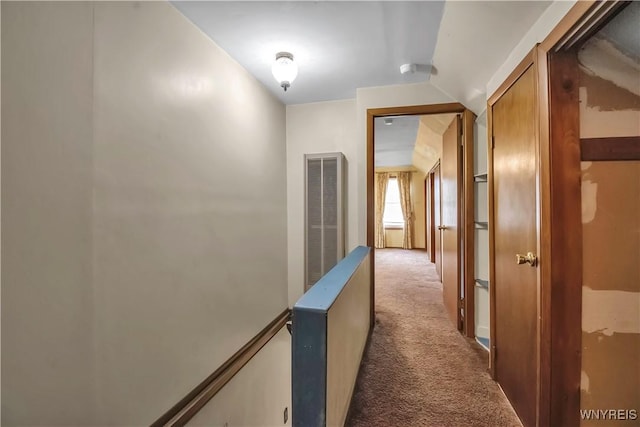 hallway with dark colored carpet