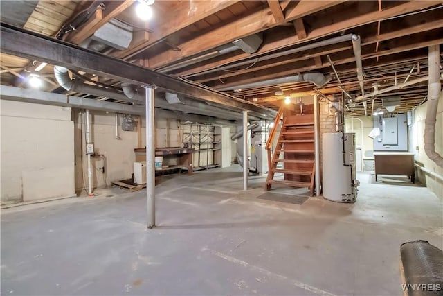 basement with electric water heater, heating unit, and electric panel