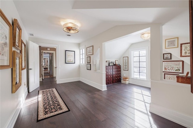 foyer entrance featuring dark hardwood / wood-style flooring and lofted ceiling