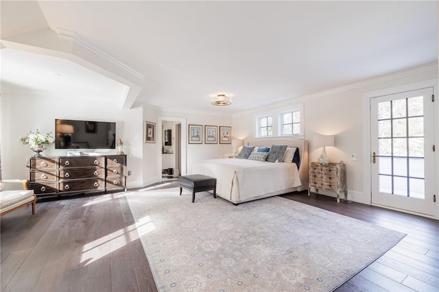 bedroom featuring dark hardwood / wood-style flooring and ornamental molding