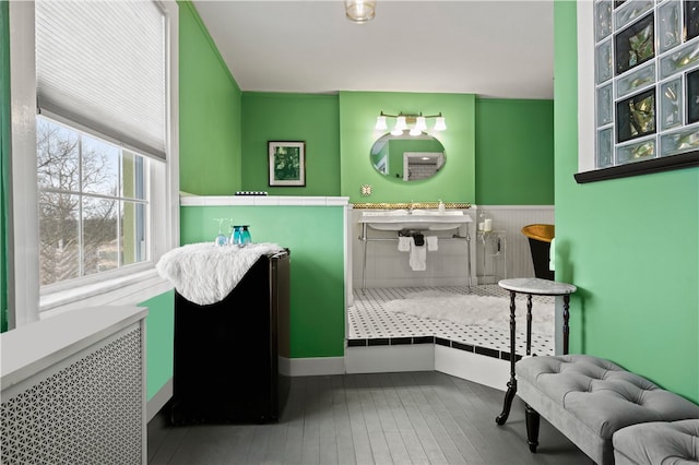 bathroom featuring wood-type flooring, radiator, and sink