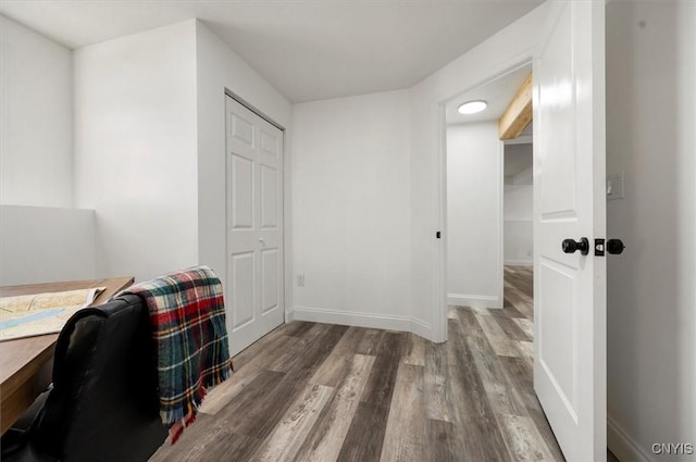 home office featuring dark hardwood / wood-style flooring