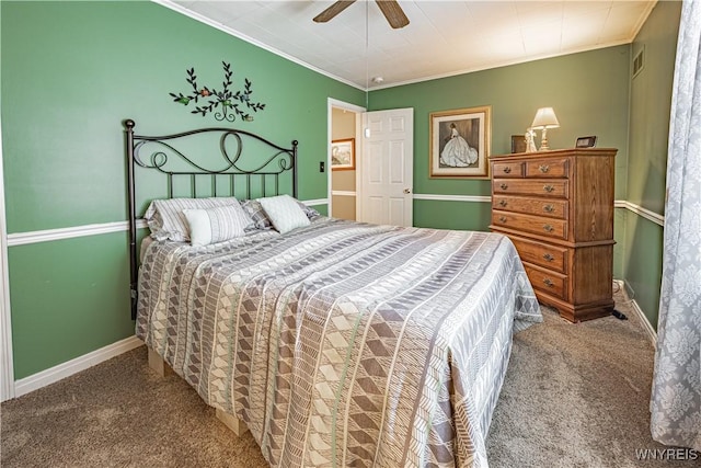 bedroom featuring ornamental molding, carpet floors, and ceiling fan