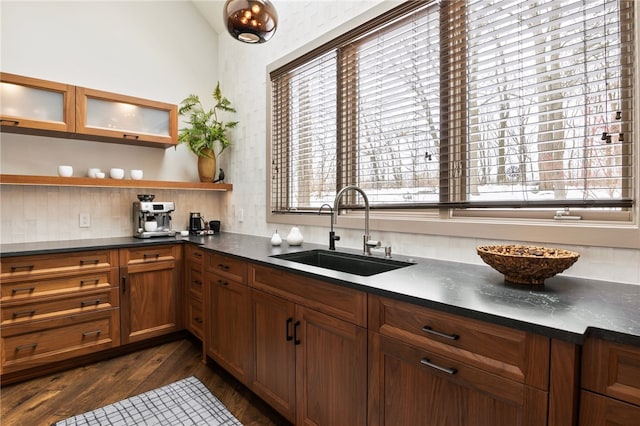 kitchen featuring sink, dark wood-type flooring, and backsplash