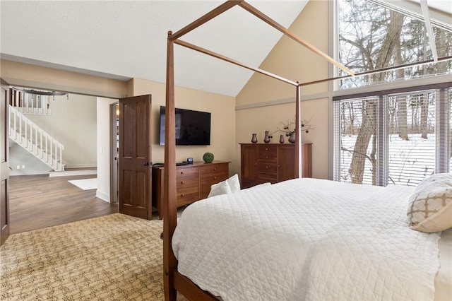 bedroom featuring multiple windows, dark wood-type flooring, and high vaulted ceiling