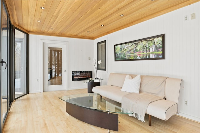 living room featuring wood ceiling and light wood-type flooring