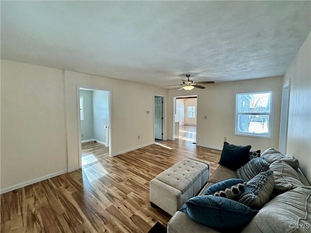 living room with ceiling fan and light wood-type flooring