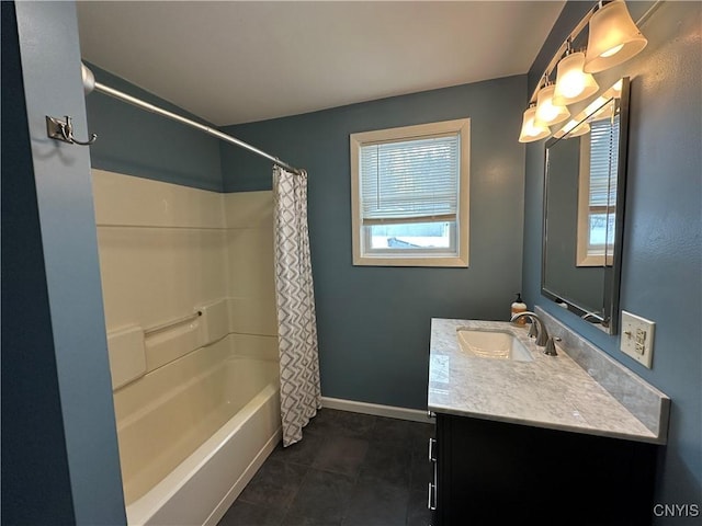 bathroom with vanity, shower / bath combo, and tile patterned floors