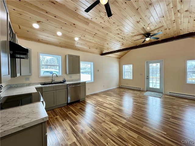 kitchen featuring dishwasher, a baseboard radiator, sink, exhaust hood, and range