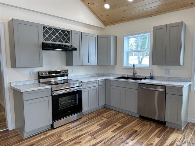 kitchen with gray cabinets, extractor fan, appliances with stainless steel finishes, lofted ceiling, and sink