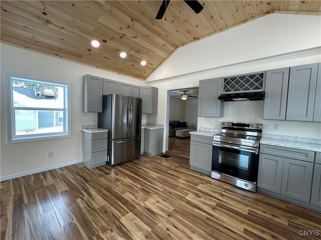 kitchen with gray cabinets, vaulted ceiling, appliances with stainless steel finishes, dark wood-type flooring, and wooden ceiling