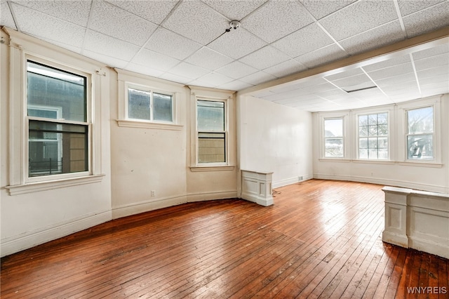 empty room featuring a drop ceiling and hardwood / wood-style floors