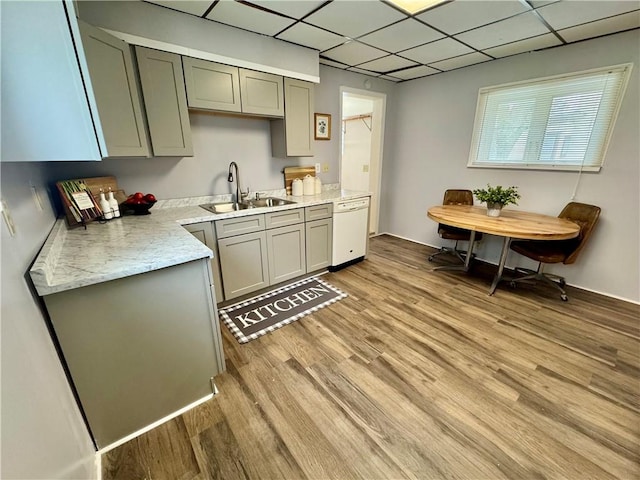 kitchen with white dishwasher, sink, light hardwood / wood-style flooring, and a drop ceiling