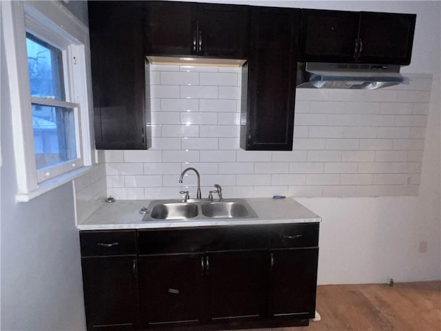 kitchen with tasteful backsplash, sink, and hardwood / wood-style floors