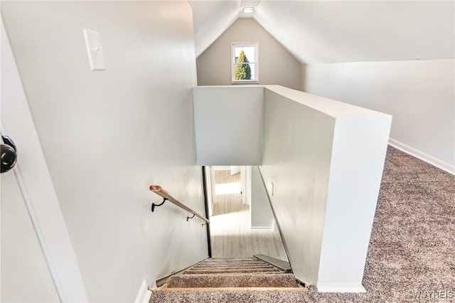 staircase with lofted ceiling and carpet flooring