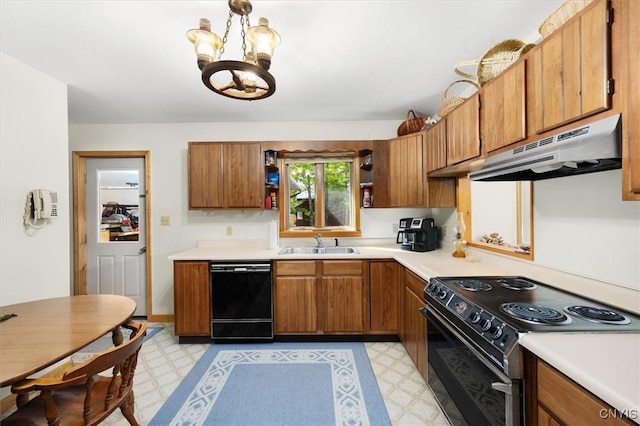 kitchen with an inviting chandelier, sink, and black appliances