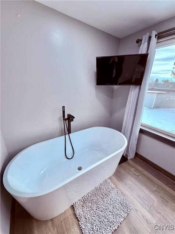 bathroom with a bathing tub and hardwood / wood-style floors