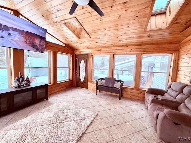 interior space featuring lofted ceiling with skylight, ceiling fan, wood ceiling, and wood walls