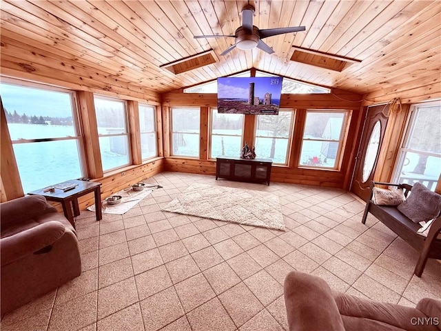 unfurnished sunroom featuring a water view, ceiling fan, lofted ceiling with skylight, and wooden ceiling