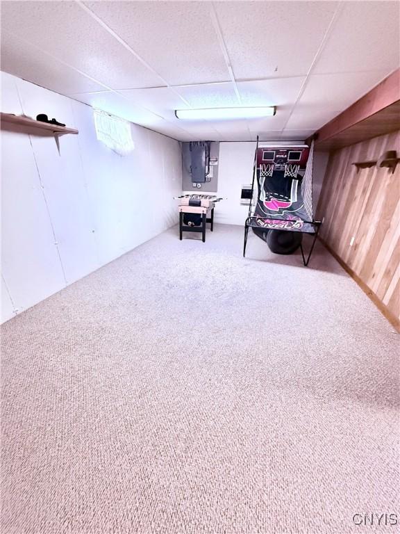 basement with a paneled ceiling, carpet flooring, and wood walls