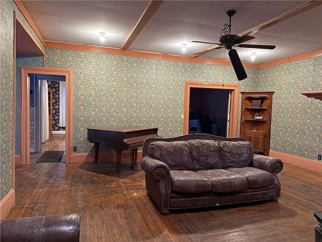 living room featuring ceiling fan and dark hardwood / wood-style flooring