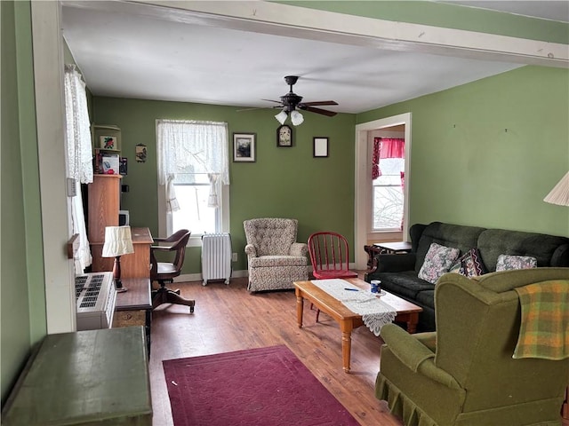 living room with hardwood / wood-style flooring, ceiling fan, plenty of natural light, and radiator