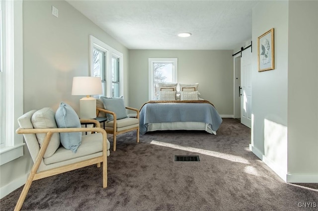 bedroom with a barn door and dark colored carpet