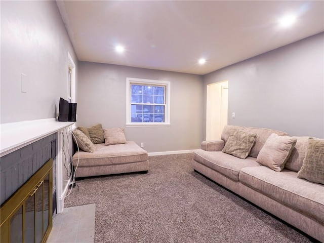 living room featuring light carpet