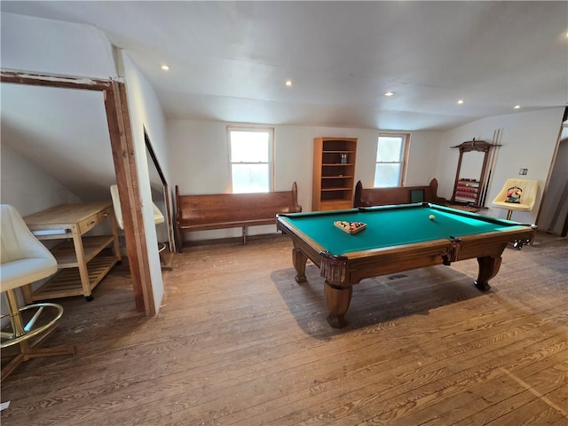 game room featuring hardwood / wood-style flooring and pool table