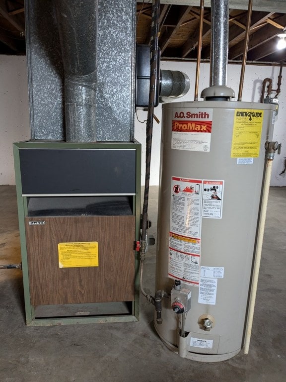 utility room featuring heating unit and water heater