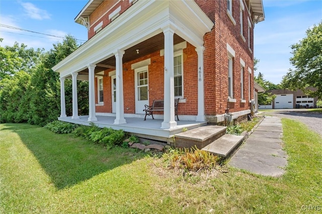 view of property exterior with a lawn and a porch