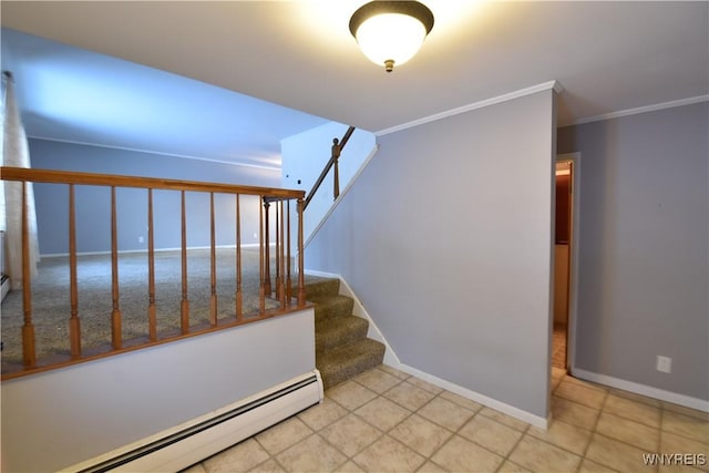 staircase featuring crown molding, a baseboard radiator, tile patterned floors, and a water view