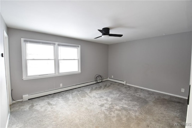 empty room featuring ceiling fan, carpet floors, and a baseboard heating unit