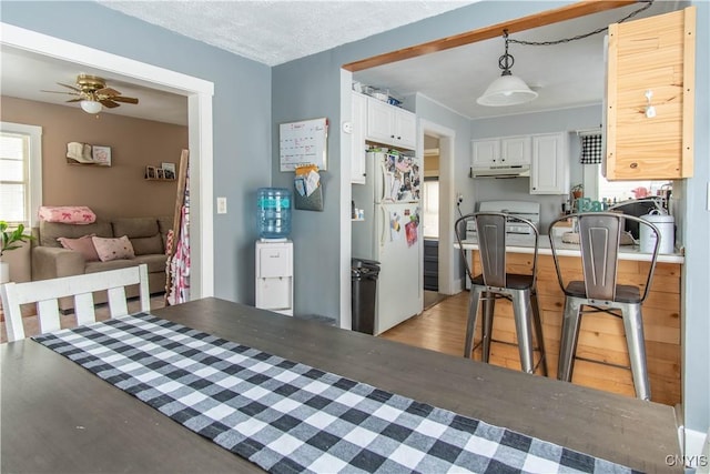 kitchen featuring pendant lighting, white cabinets, white refrigerator, stove, and light hardwood / wood-style floors