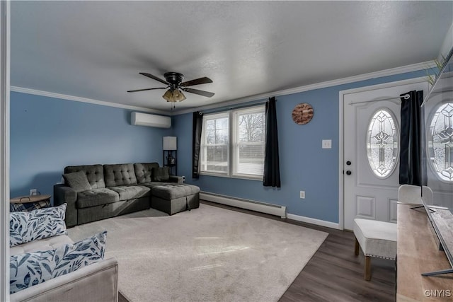 living room with dark wood-type flooring, crown molding, a wall mounted air conditioner, a baseboard radiator, and ceiling fan