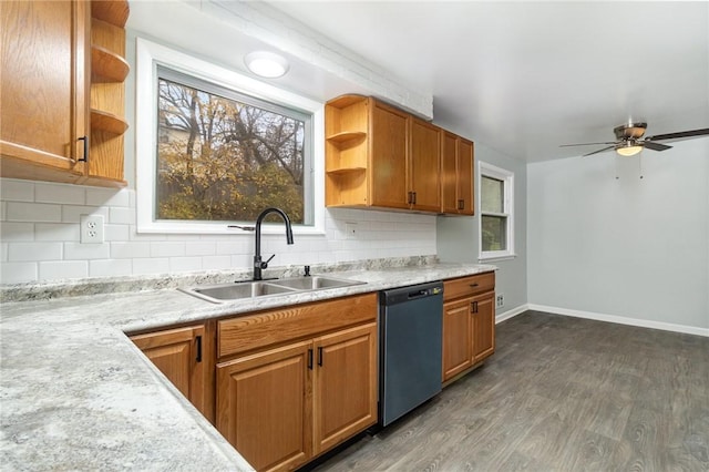 kitchen featuring sink, ceiling fan, backsplash, dark hardwood / wood-style flooring, and stainless steel dishwasher