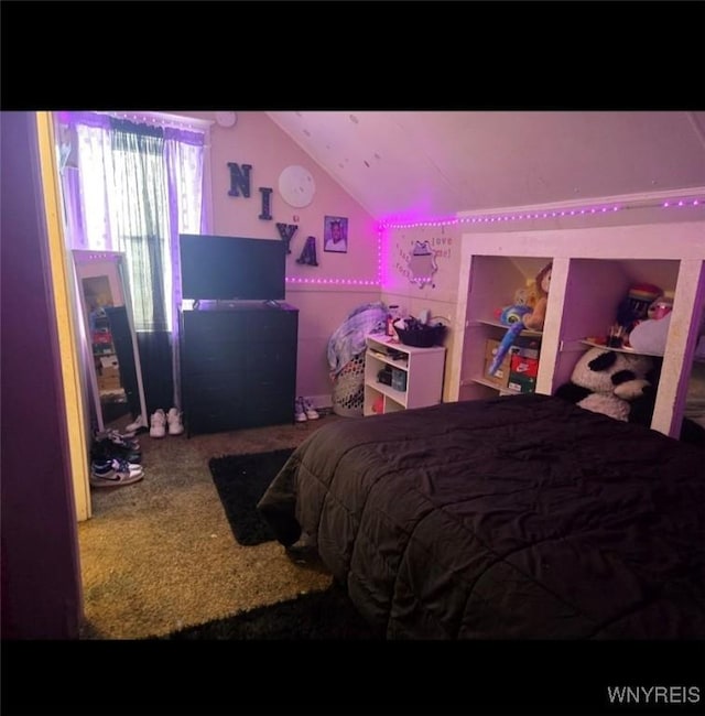 bedroom featuring vaulted ceiling and carpet floors