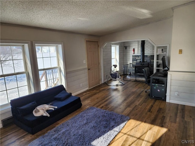 living room with dark wood-type flooring, a textured ceiling, and a wood stove