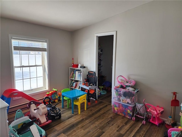 game room with dark hardwood / wood-style floors