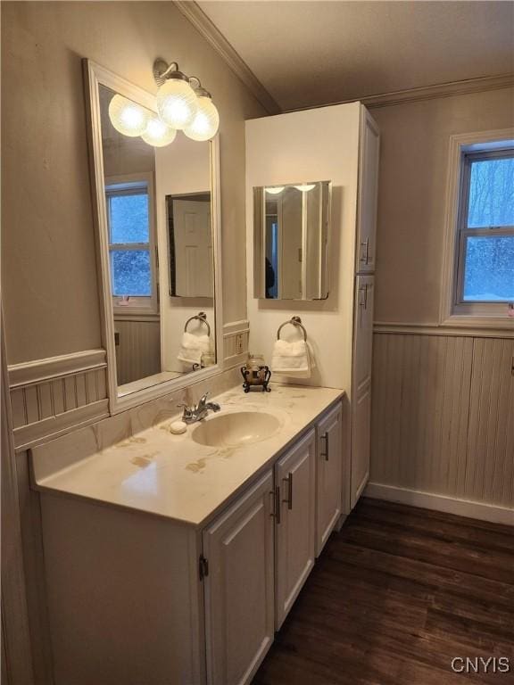 bathroom with ornamental molding, wood-type flooring, and vanity