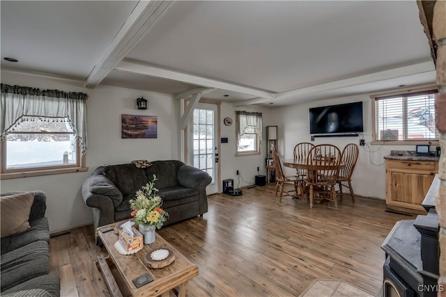 living room with hardwood / wood-style floors, a wealth of natural light, and beamed ceiling