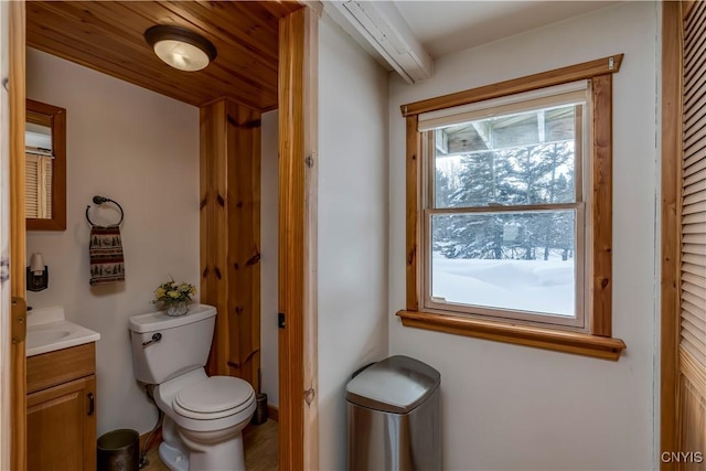 bathroom featuring vanity, wooden ceiling, and toilet