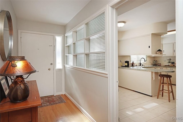 foyer entrance with sink and light hardwood / wood-style flooring