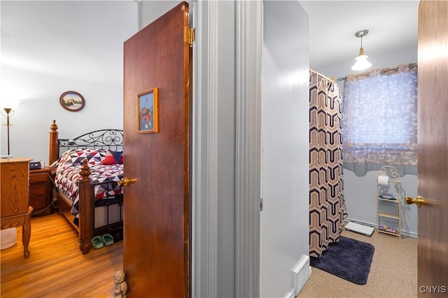 bathroom with hardwood / wood-style flooring and baseboard heating