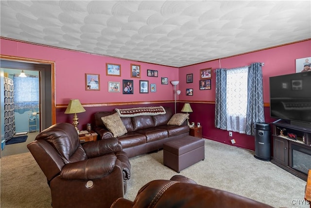 living room with light colored carpet